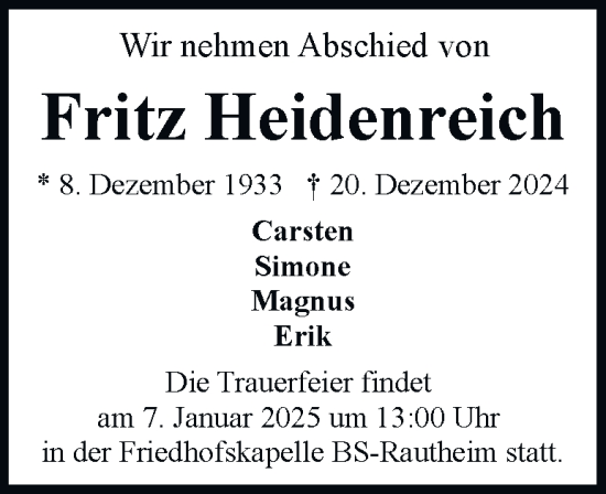 Traueranzeige von Fritz Heidenreich 