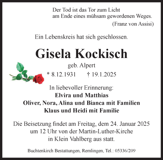 Traueranzeige von Gisela Kockisch von Wolfenbütteler Zeitung