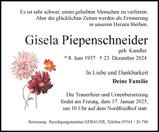 Traueranzeige von Gisela Piepenschneider 