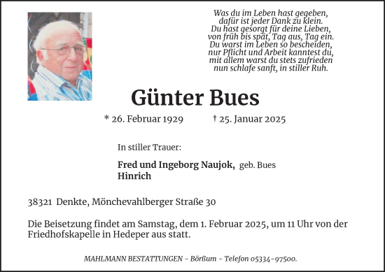 Traueranzeige von Günter Bues von Wolfenbütteler Zeitung