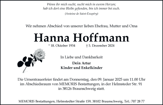 Traueranzeige von Hanna Homann 