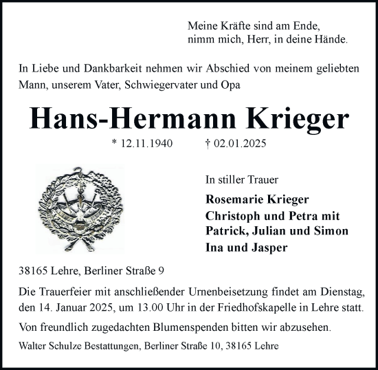 Traueranzeige von Hans-Hermann Krieger 