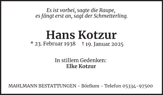 Traueranzeige von Hans Kotzur von Wolfenbütteler Zeitung