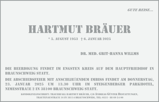 Traueranzeige von Hartmut Bräuer 