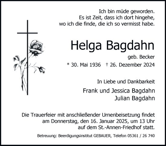 Traueranzeige von Helga Bagdahn 