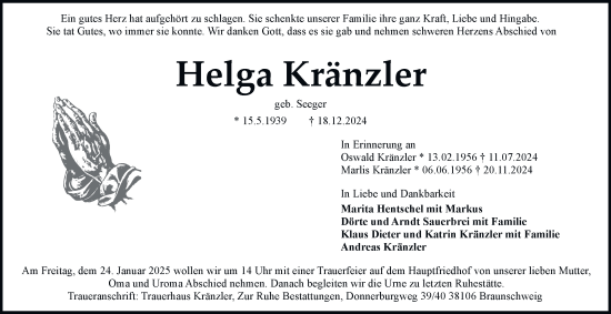 Traueranzeige von Helga Kränzler von Salzgitter-Zeitung