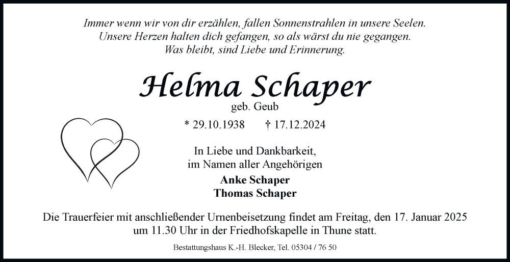  Traueranzeige für Helma Schaper vom 04.01.2025 aus 