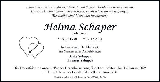 Traueranzeige von Helma Schaper 