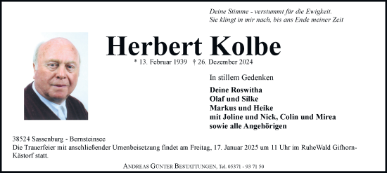 Traueranzeige von Herbert Kolbe 