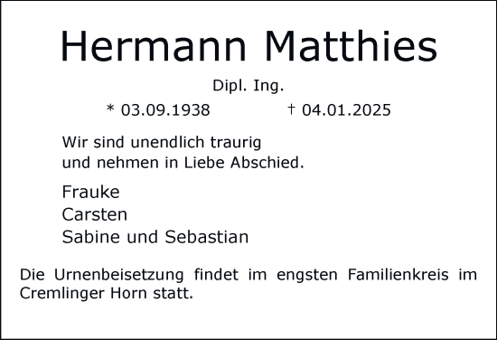 Traueranzeige von Hermann Matthies von Helmstedter Nachrichten