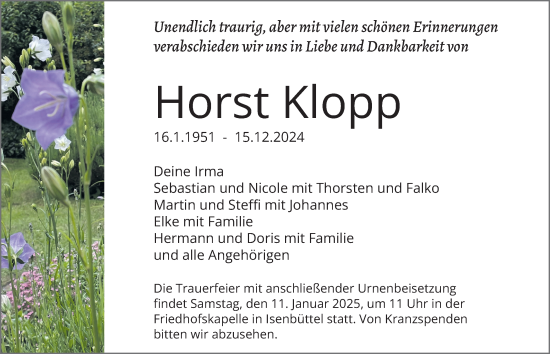 Traueranzeige von Horst Klopp 