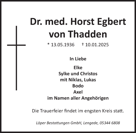 Traueranzeige von Horst Egbert von Thadden von Peiner Nachrichten