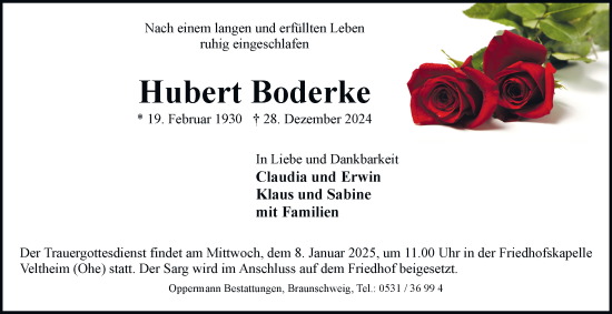 Traueranzeige von Hubert Boderke 