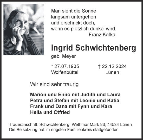 Traueranzeige von Ingrid Schwichtenberg von Wolfenbütteler Zeitung