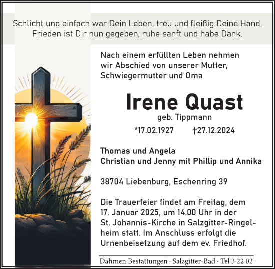 Traueranzeige von Irene Quast von Salzgitter-Zeitung