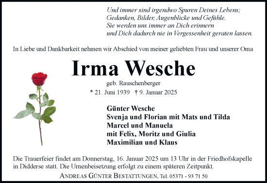 Traueranzeige von Irma Wesche 