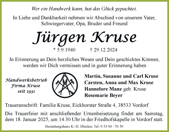 Traueranzeige von Jürgen Kruse 