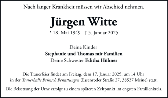 Traueranzeige von Jürgen Witte 