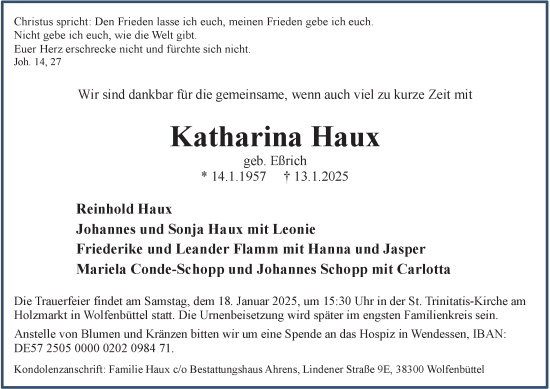 Traueranzeige von Katharina Haux von Wolfenbütteler Zeitung