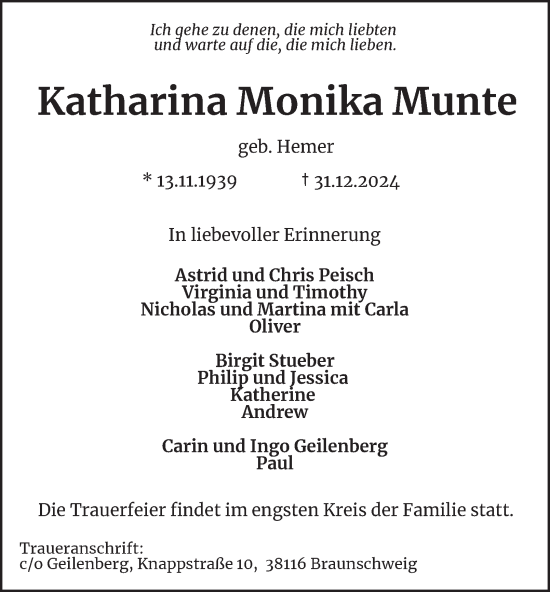 Traueranzeige von Katharina  Munte 