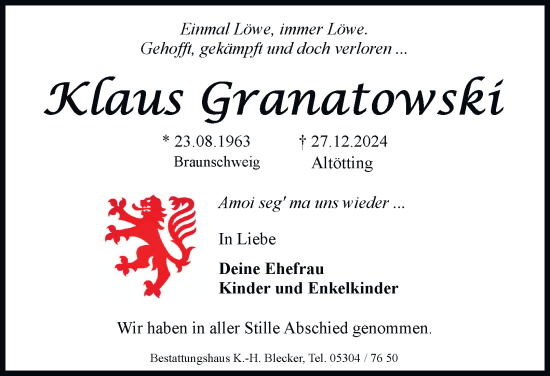 Traueranzeige von Klaus Granatowski 