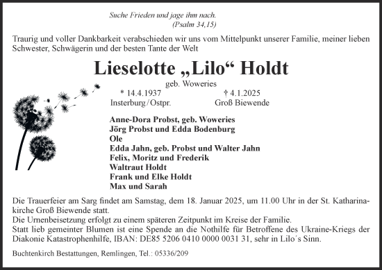 Traueranzeige von Lieselotte Holdt von Wolfenbütteler Zeitung