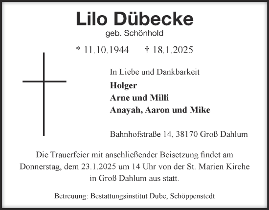 Traueranzeige von Lilo Dübecke von Wolfenbütteler Zeitung