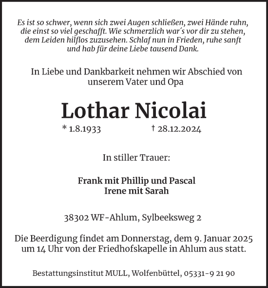 Traueranzeige von Lothar Nicolai von Wolfenbütteler Zeitung