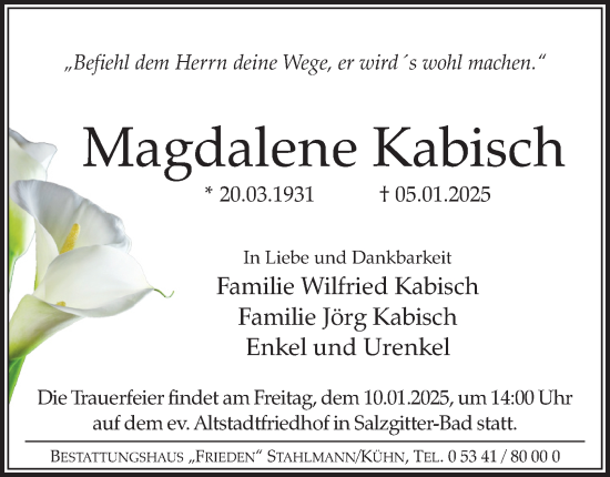 Traueranzeige von Magdalene Kabisch von Salzgitter-Zeitung