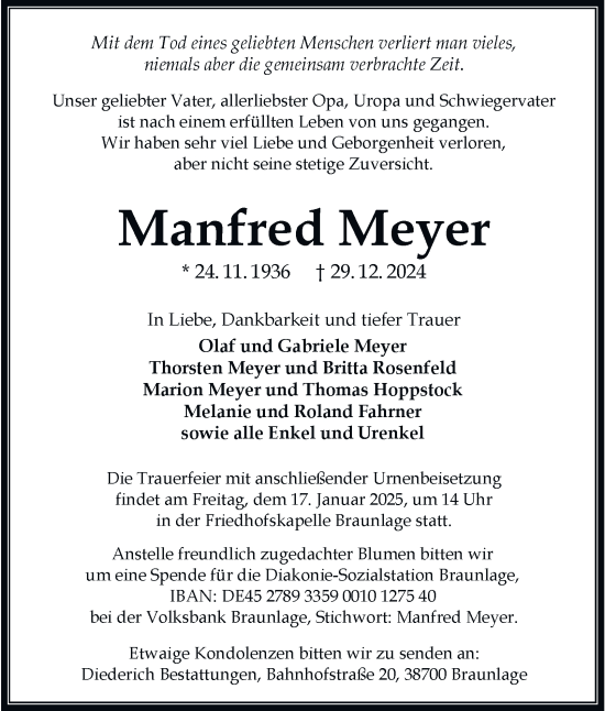 Traueranzeige von Manfred Meyer 