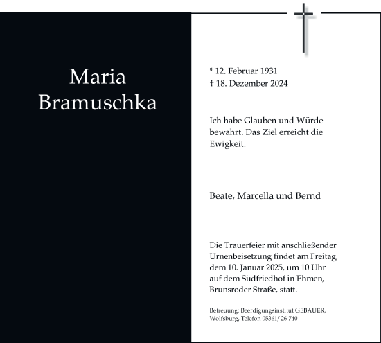 Traueranzeige von Maria Bramuschka 