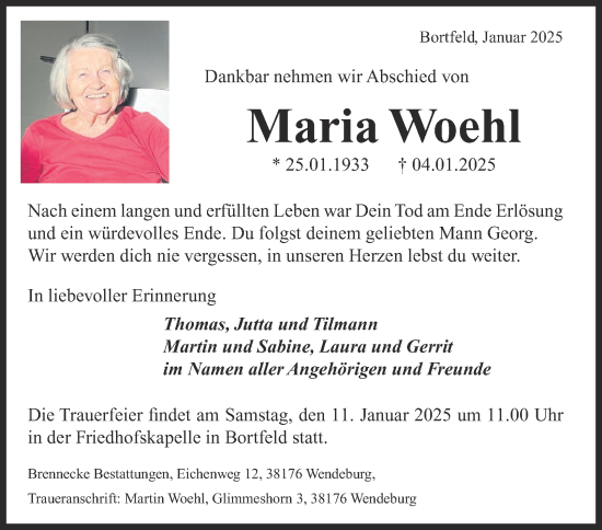 Traueranzeige von Maria Woehl 