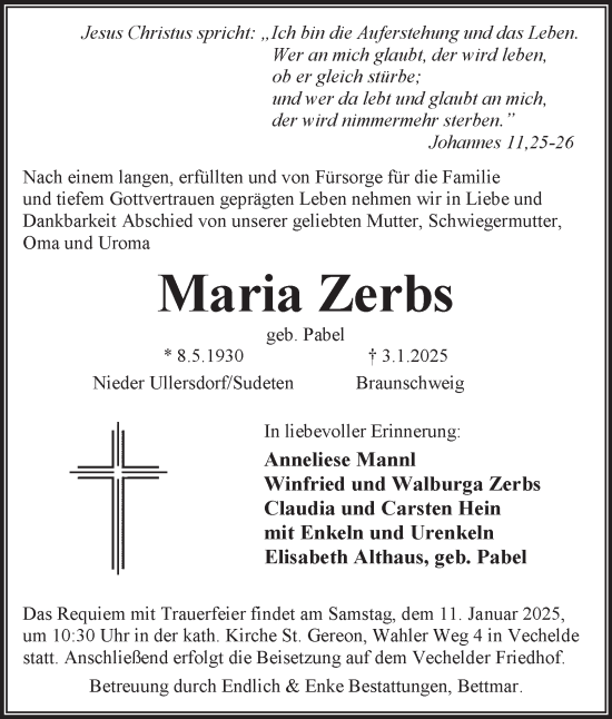 Traueranzeige von Maria Zerbs von Peiner Nachrichten