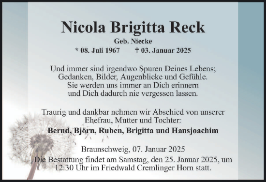 Traueranzeige von Nicola Brigitta Reck 