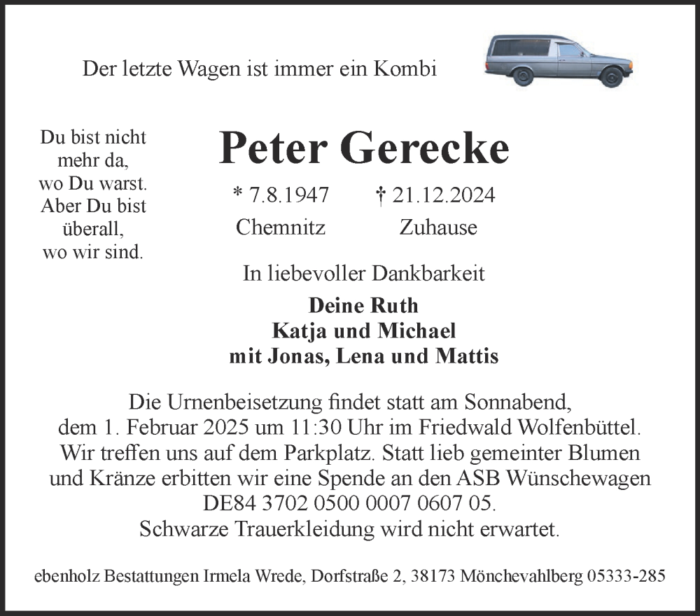  Traueranzeige für Peter Gerecke vom 04.01.2025 aus 