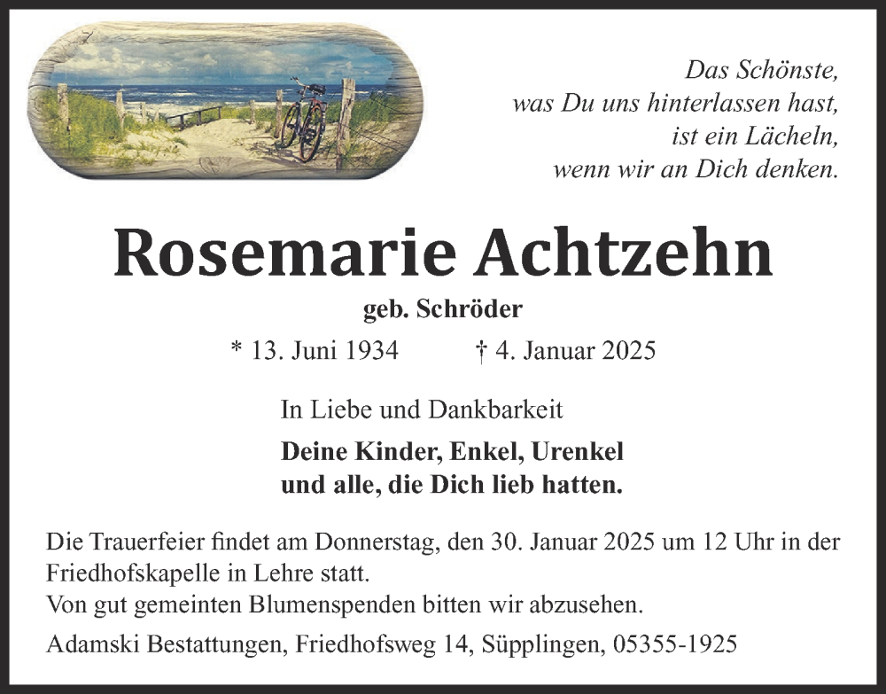  Traueranzeige für Rosemarie Achtzehn vom 11.01.2025 aus Helmstedter Nachrichten