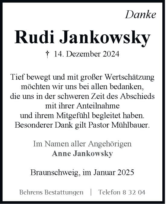 Traueranzeige von Rudi Jankowsky 