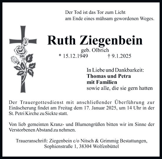 Traueranzeige von Ruth Ziegenbein von Wolfenbütteler Zeitung