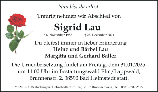 Traueranzeige von Sigrid Lau 