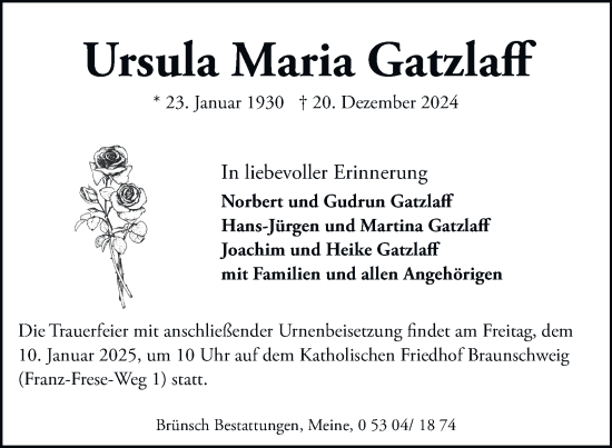 Traueranzeige von Ursula Maria Gatzlaff 