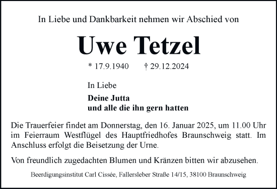 Traueranzeige von Uwe Tetzel 