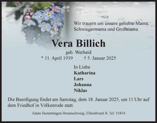 Traueranzeige von Vera Billich 