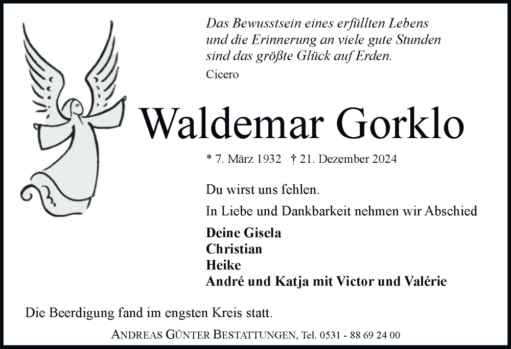  Traueranzeige für Waldemar Gorklo vom 04.01.2025 aus 