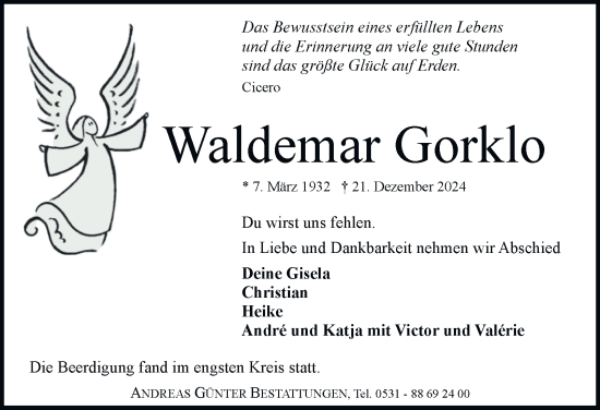 Traueranzeige von Waldemar Gorklo 