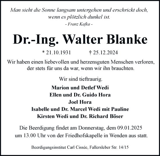 Traueranzeige von Walter Blanke 