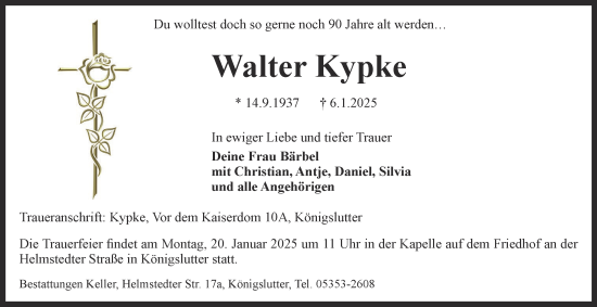 Traueranzeige von Walter Kypke von Helmstedter Nachrichten