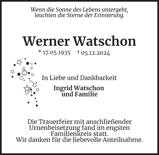 Traueranzeige von Werner Watschon 