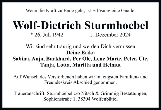 Traueranzeige von Wolf-Dietrich Sturmhoebel 