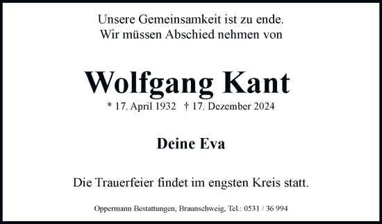 Traueranzeige von Wolfgang Kant 