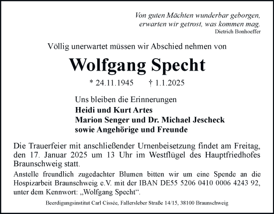 Traueranzeige von Wolfgang Specht 